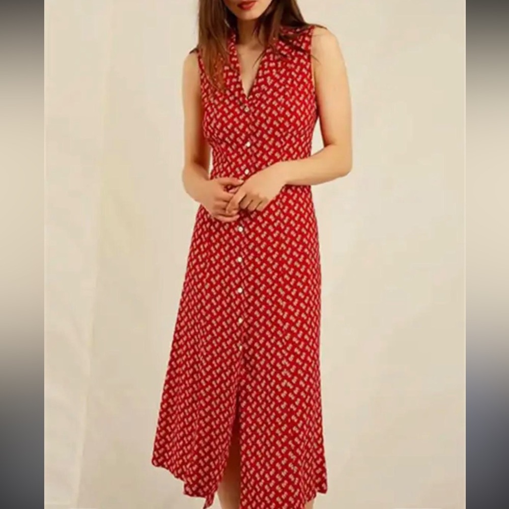 Sleeveless Red Printed Button-Front Midi Dress